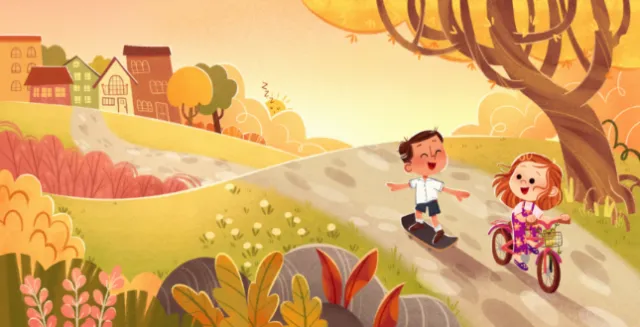 Illustration by Isa Sonntag of children cycling along a sunny countryside path