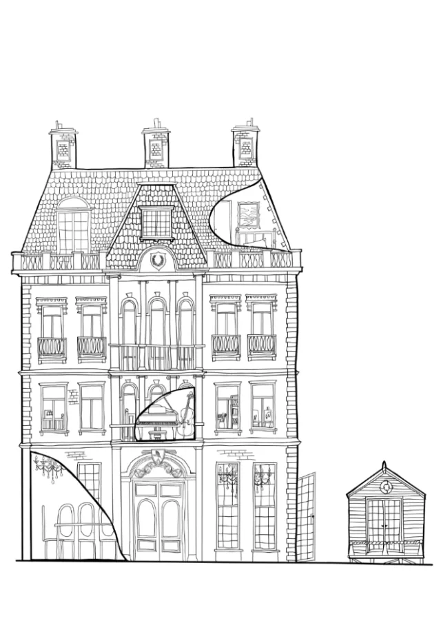 Victorian mansion and greenhouse illustrated by Ellie Compton