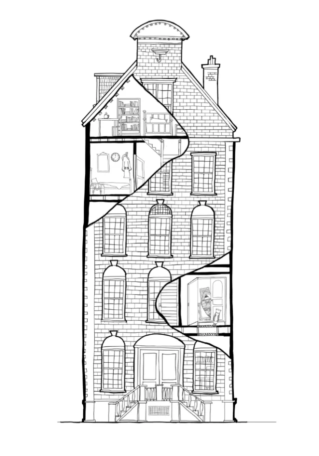 Cutaway mansion illustration by Ellie Compton