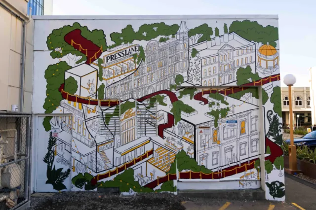 Architectural history mural by Ellie Compton depicting Christchurch buildings and a red carpet