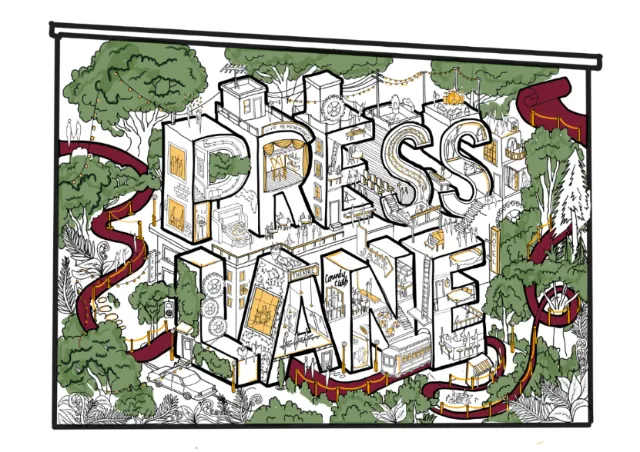 Ellie Compton’s illustrated Press Lane sign with trees and city scenes