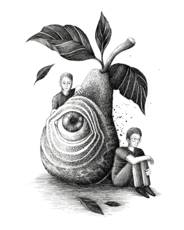 Pear-shaped eye with two seated figures, illustrated by Miosis Studio