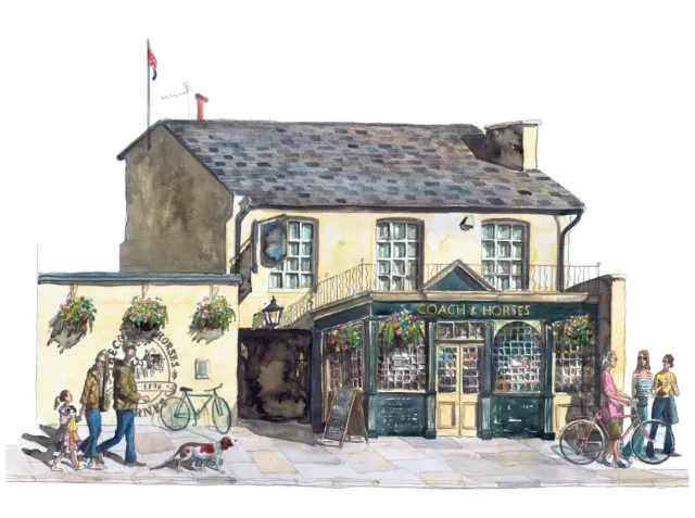 Watercolor street scene by Liam O'Farrell showing a pub, pedestrians, bicycles, and flower baskets.
