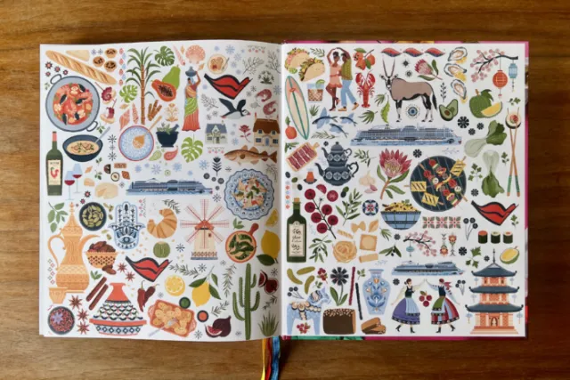 Colorful illustrated book spread by Kate Snell with animals, plants, and objects