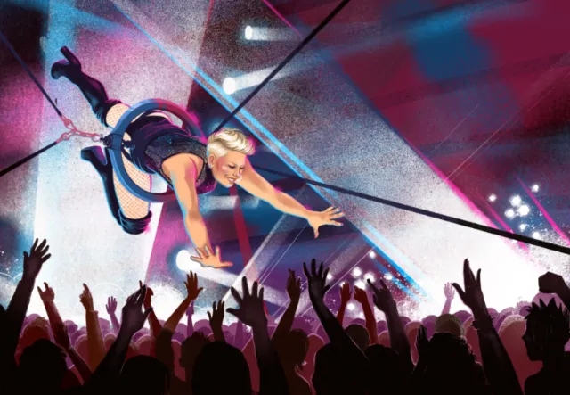 Manu Cunhas illustration of a suspended performer reaching over a concert crowd