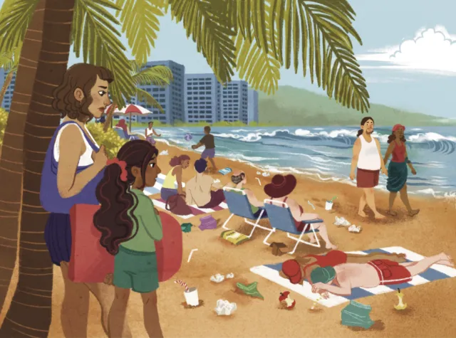 Manu Cunhas illustration of families enjoying a tropical beach beneath palm trees