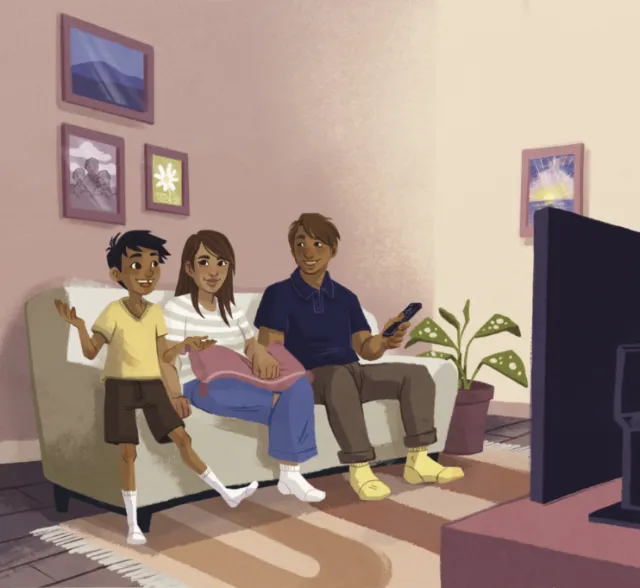 Manu Cunhas illustration of three people watching television in a cozy living room