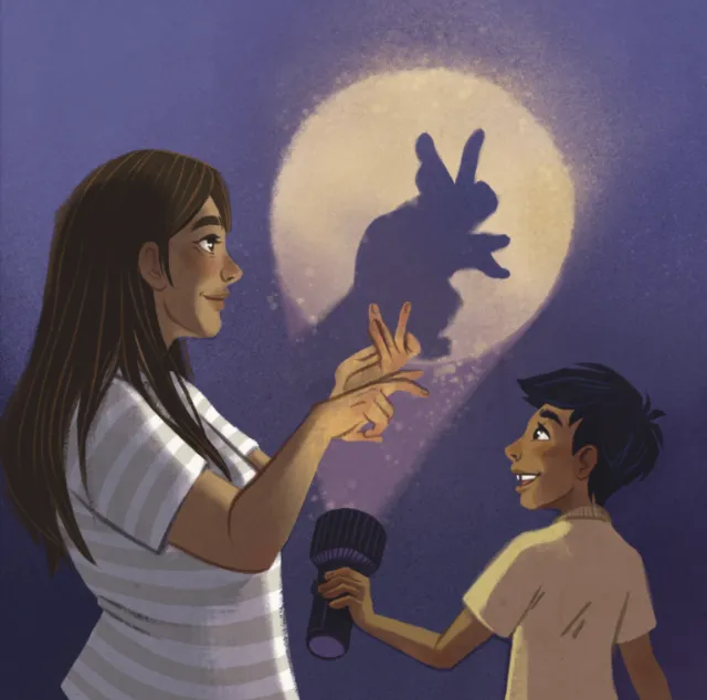 Manu Cunhas illustration of children making a rabbit shadow puppet beneath a glowing moon
