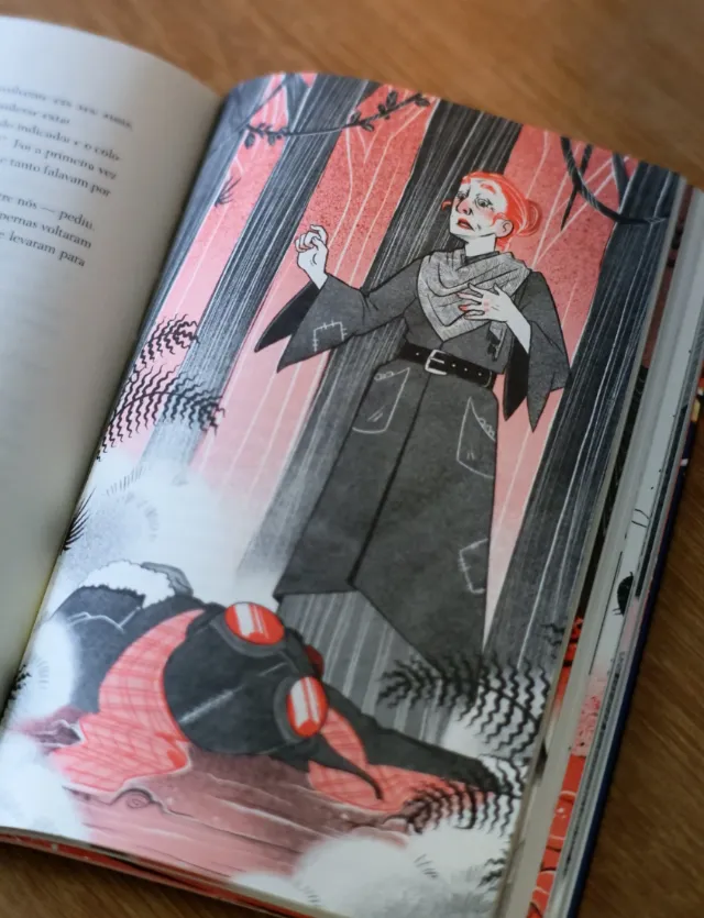 Illustration by Manu Cunhas showing a woman standing over a fallen figure in an open book.