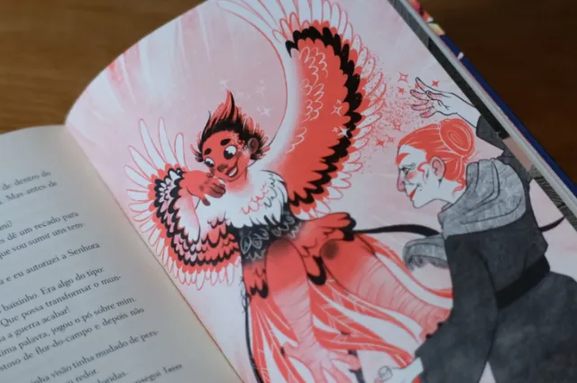 Manu Cunhas illustration of a red-winged girl beside a seated gray-haired man