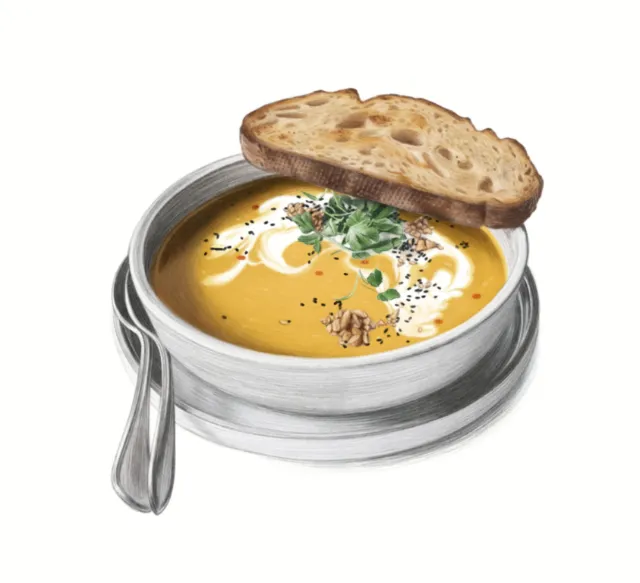Illustration by Dena Cooper of roasted pumpkin soup with sourdough bread