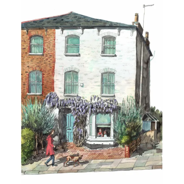 Liam O'Farrell watercolor of a weathered terraced house with wisteria and pedestrians