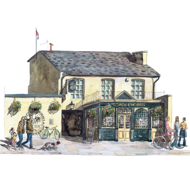 Liam O'Farrell illustration of the Coach and Horses pub with bicycles and pedestrians.