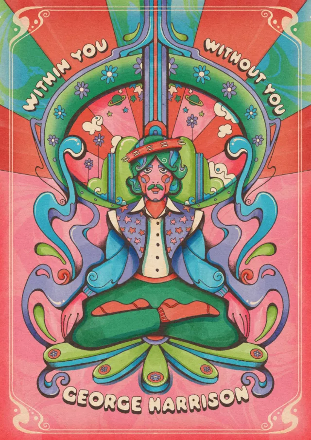 Laura Greenan portrait of George Harrison in colorful psychedelic 1960s style