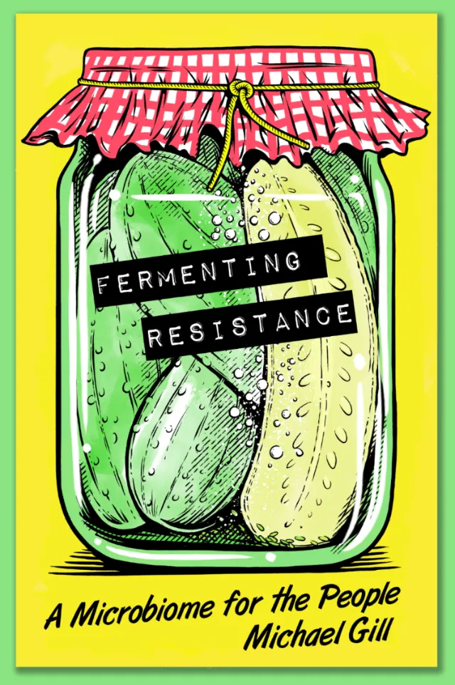 Cat Sims artwork showing fermented vegetables in jars beneath a red checked cloth.
