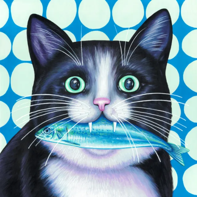 Illustration by Juliette Toma of a black and white cat holding a blue fish