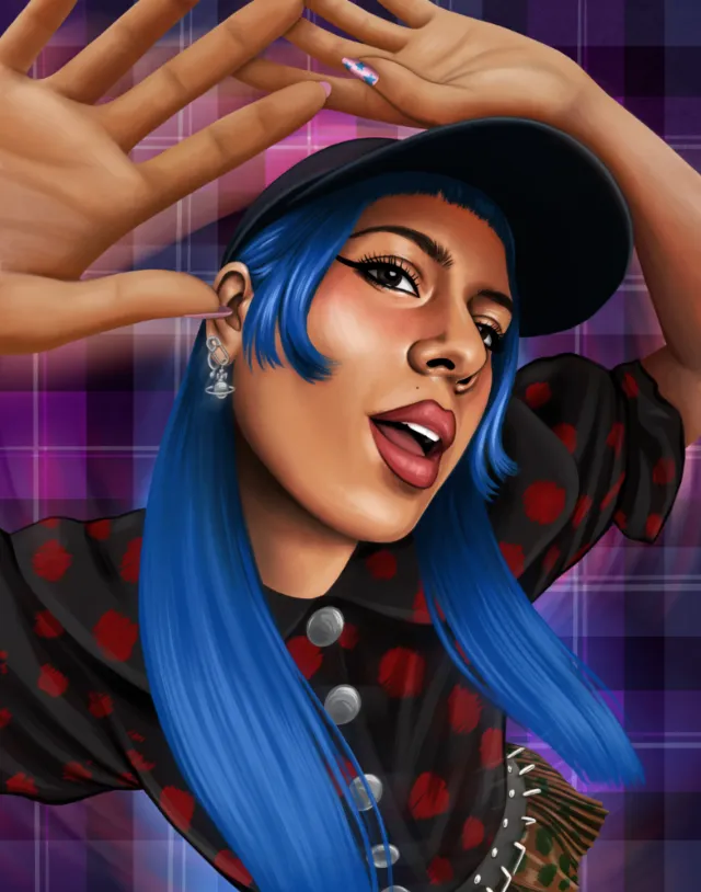 Juliette Toma illustration of a blue-haired woman in a black cap posing with raised hands