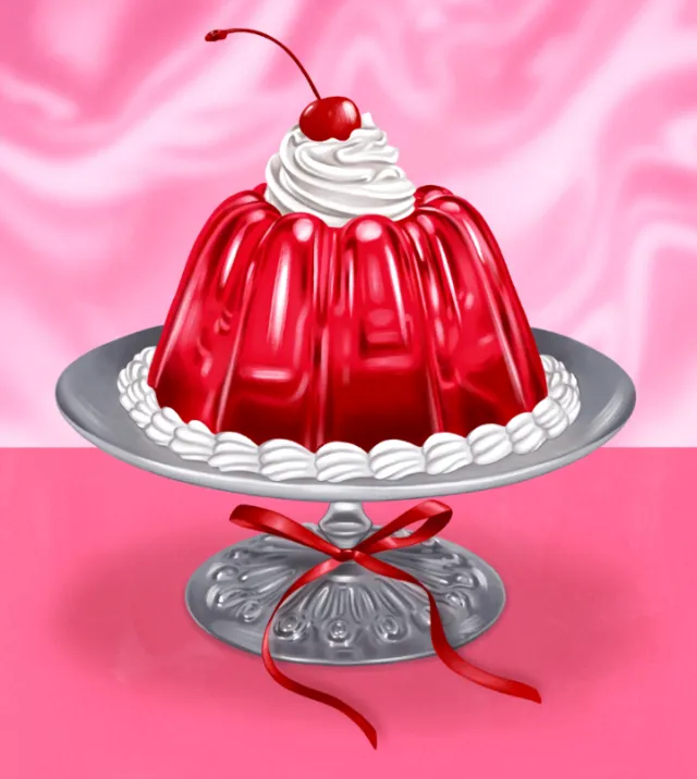 Juliette Toma illustration of a red cherry gelatin dessert on a silver platter