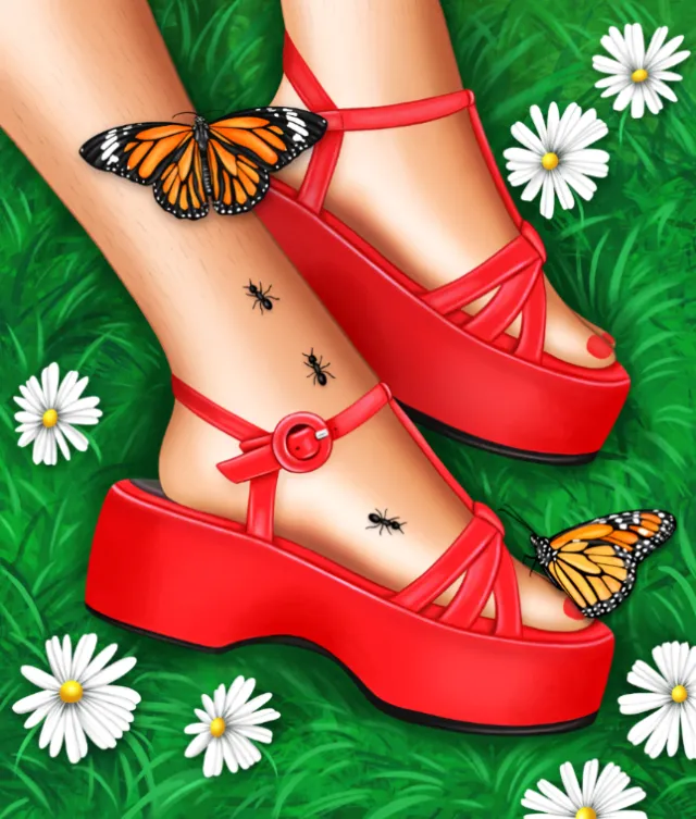 Juliette Toma illustration of red platform sandals, butterflies, daisies, and insects