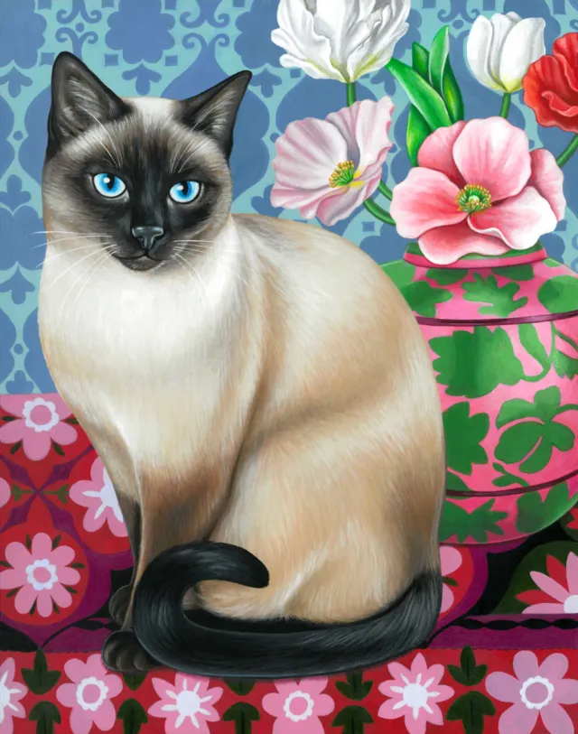 Siamese cat among flowers, illustrated by Juliette Toma