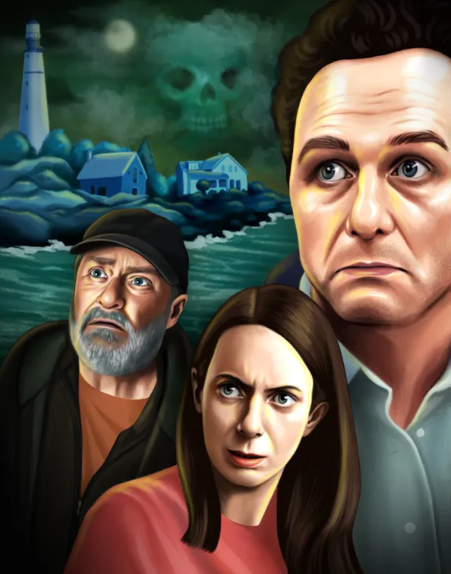 Juliette Toma illustration of three people overlooking a stormy village and lighthouse