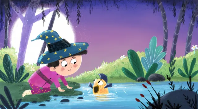Illustration by Dalia Awad of a young witch beside a stream with a duckling