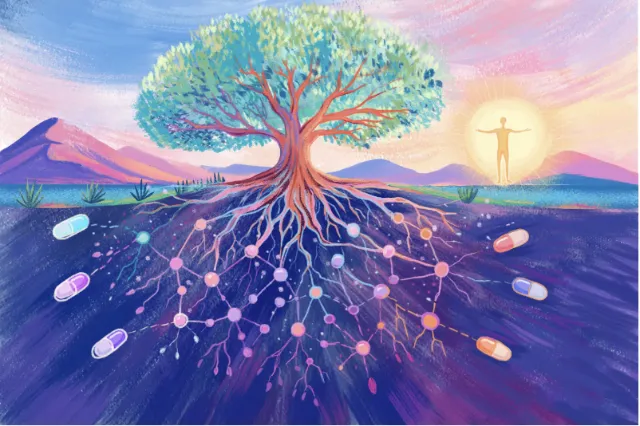 Li Zhang artwork showing a glowing-rooted tree, mountains, water, and radiant pastel sky.