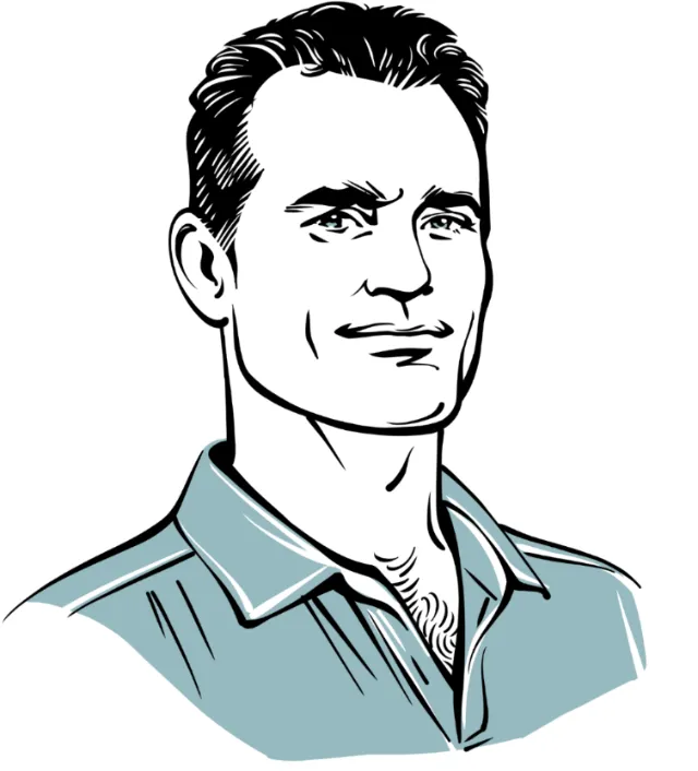Kathryn Rathke illustration of a man in a blue open-collar shirt