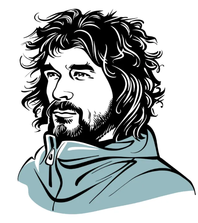 Illustration by Kathryn Rathke of a bearded man with long hair and a blue-green cloak.