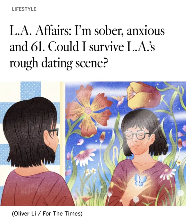 Oliver Li illustration of two women meeting amid flowers and butterflies.