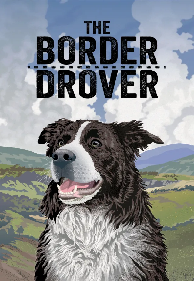 Colin Elgie illustration of a Border Collie in a rugged landscape