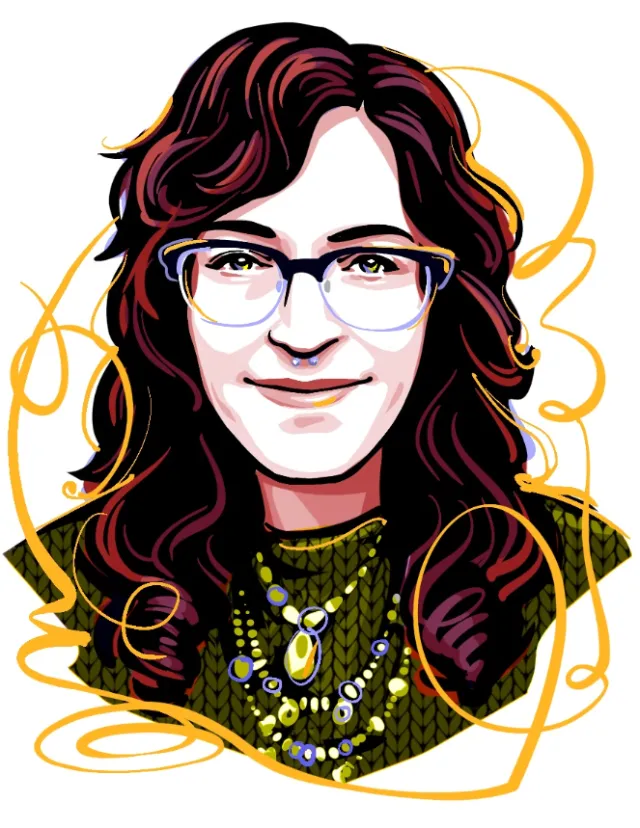 Illustrated portrait by Kathryn Rathke of a smiling woman with glasses and dark hair