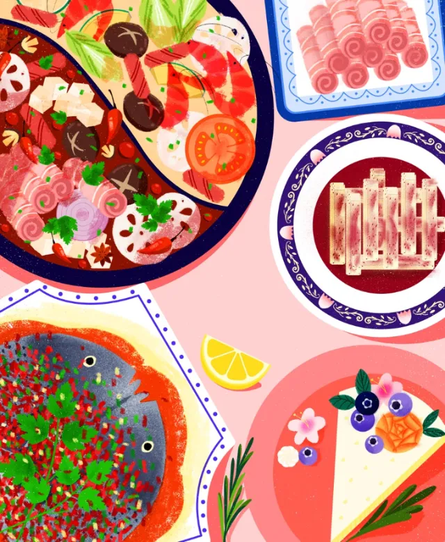 Illustration by Decue Wu featuring colorful plates of food