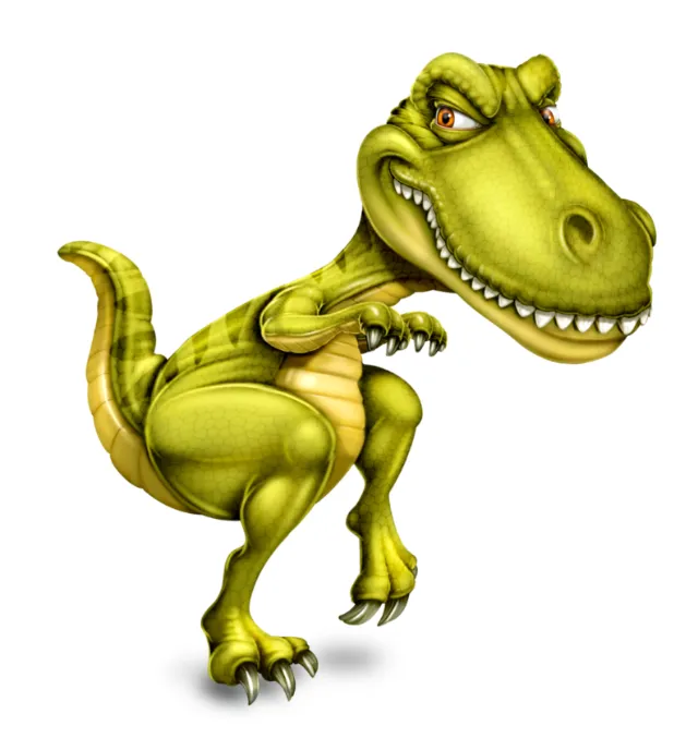 Ron Borresen illustration of a playful green T-Rex tiptoeing