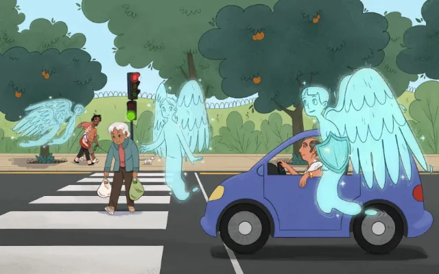 Danielle Pioli illustration of angels, children, and a blue car at a crosswalk