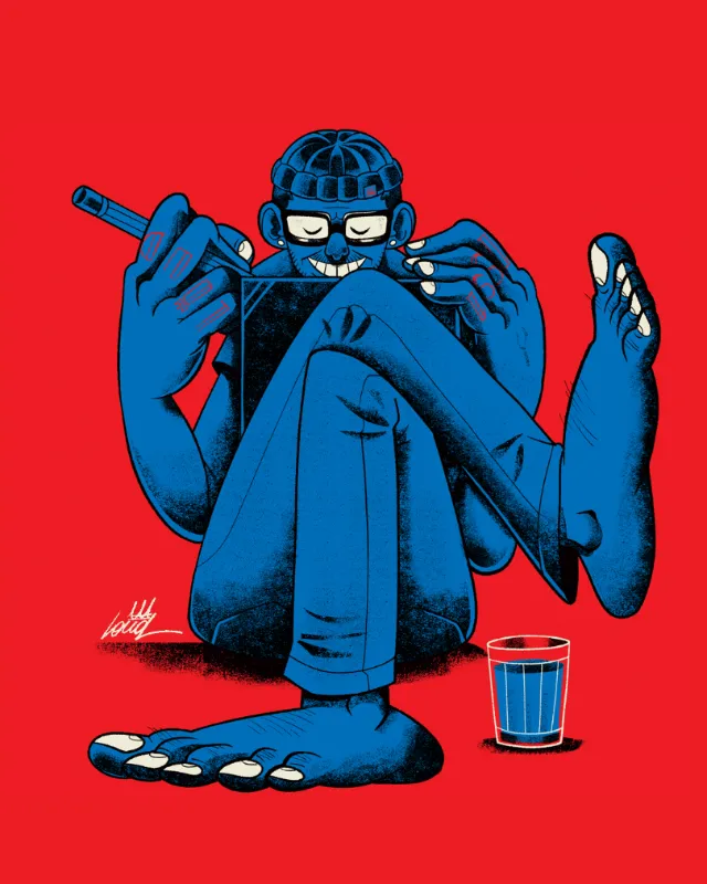 Wagner Loud artwork showing a blue masked figure seated beside a striped glass on a red background.
