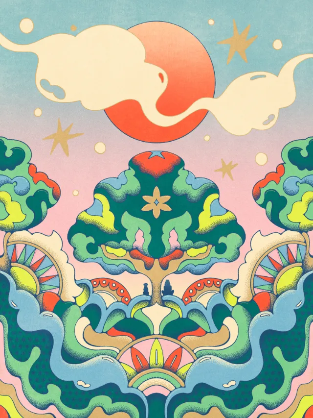 Nature-inspired landscape artwork by Lively Scout with swirling clouds, waves, and colorful plants
