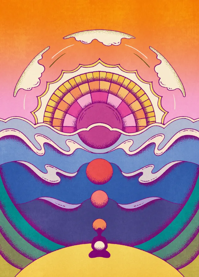 Lively Scout meditation artwork with rainbow, waves, and seated figure
