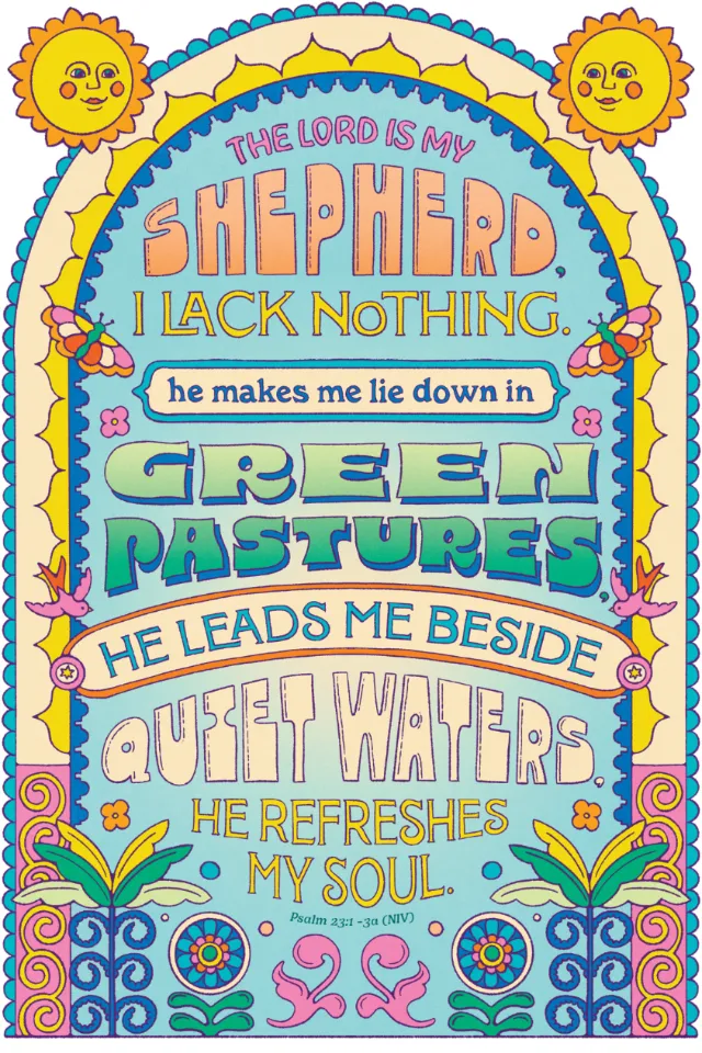 Illustrated Psalm lettering by Lively Scout reading The Lord Is My Shepherd