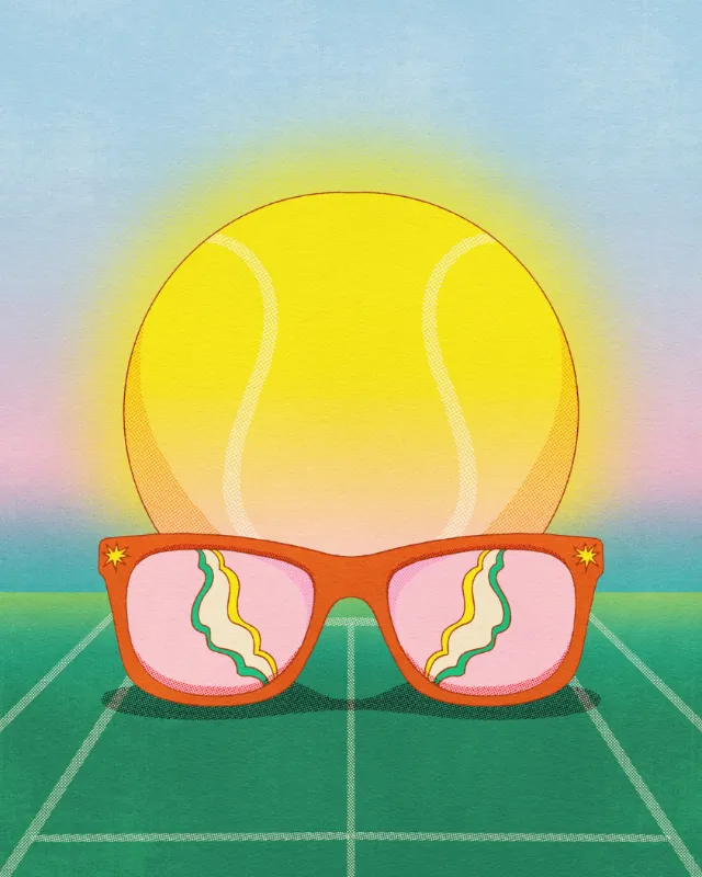 Tennis court seen through colorful sunglasses, illustrated by Lively Scout.