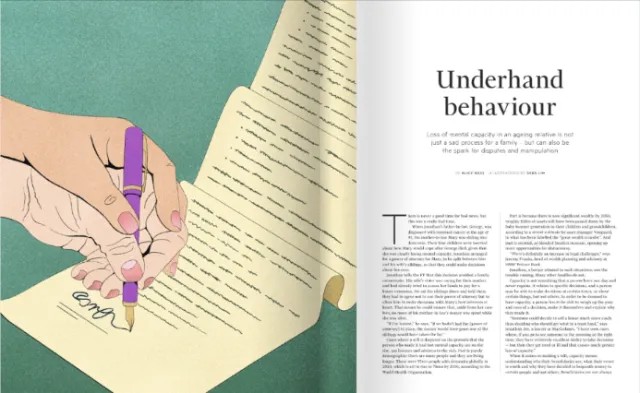 Debs Lim illustration of a hand writing beside an Underhand Behaviour article
