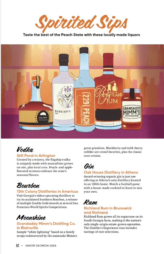 Debs Lim illustration of colorful liquor bottles with tasting notes and cocktail suggestions
