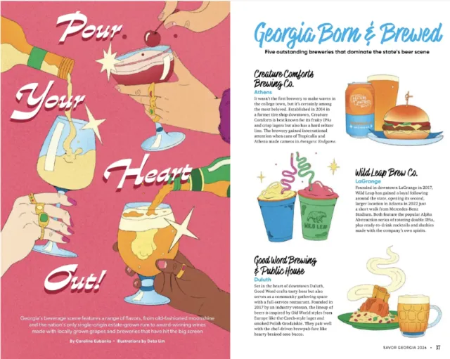 Debs Lim illustrated cocktail spread with recipes and colorful drinks