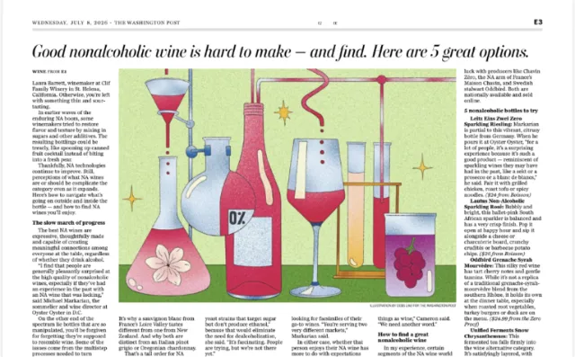 Debs Lim illustration of nonalcoholic wine bottles and glasses in a magazine article