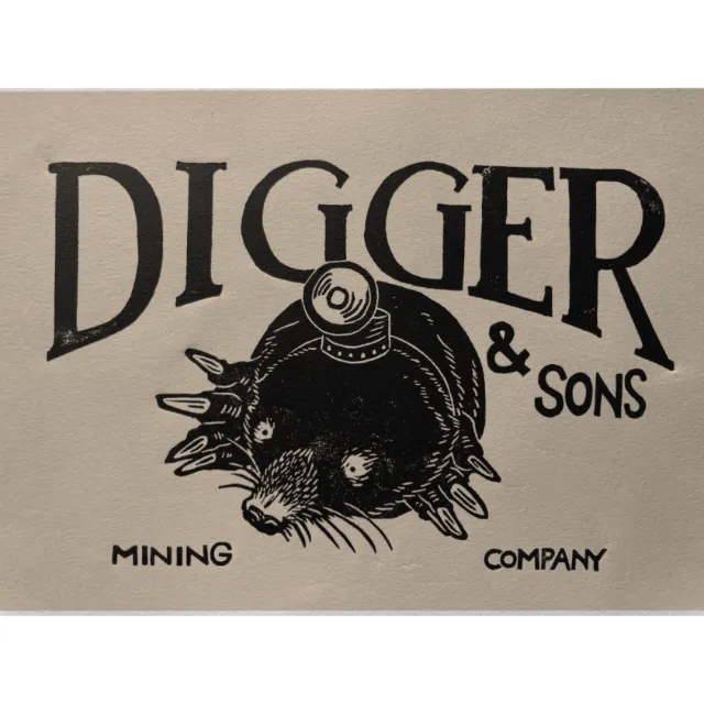 Emily Robertson lino print of a mole mining logo for Digger & Sons