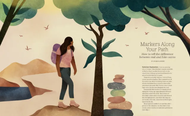 Barbara Tamilin illustration of a woman hiking beside a tree and stacked stones