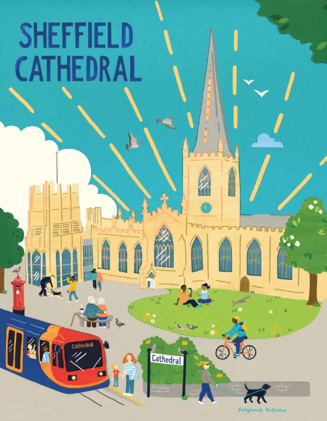 Illustration by Vicky Scott showing Sheffield Cathedral, buses, cyclists, and visitors