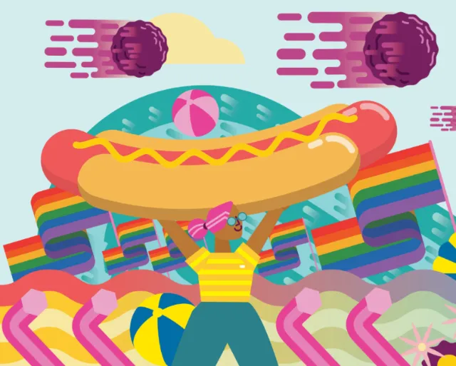 Colorful rainbow hot dog illustration by Donough O'Malley