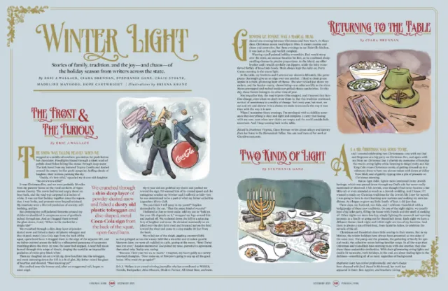 Illustrated winter magazine spread by Briana Kranz with essays, typography, and dining scenes