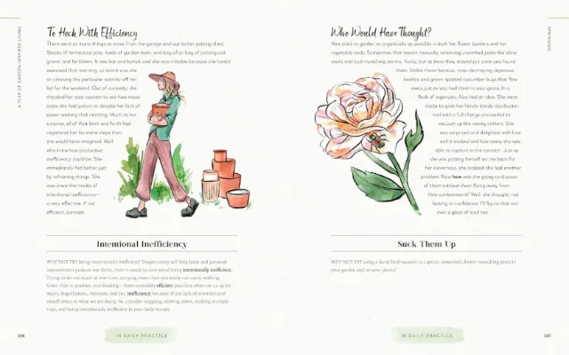 Briana Kranz illustrated book spread with a woman, flower, pots, and text